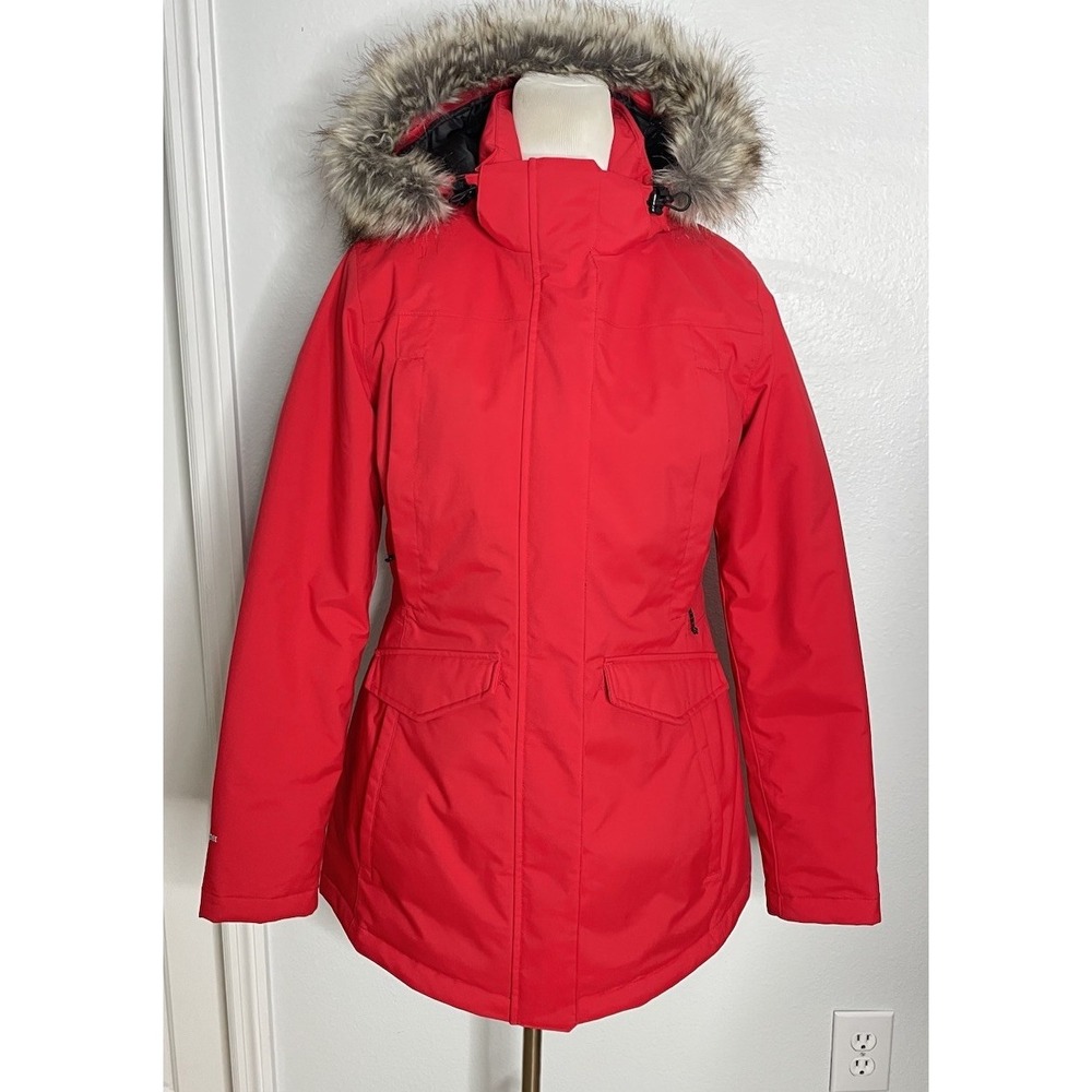Eddie Bauer Silver Lining Down Waterproof Red Parka Jacket Faux Fur Hood M